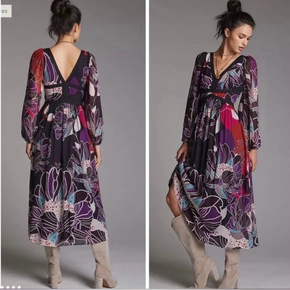 New! LET ME BE‎ ANTHROPOLOGIE FLORAL MIDI DRESS BLACK BOHO